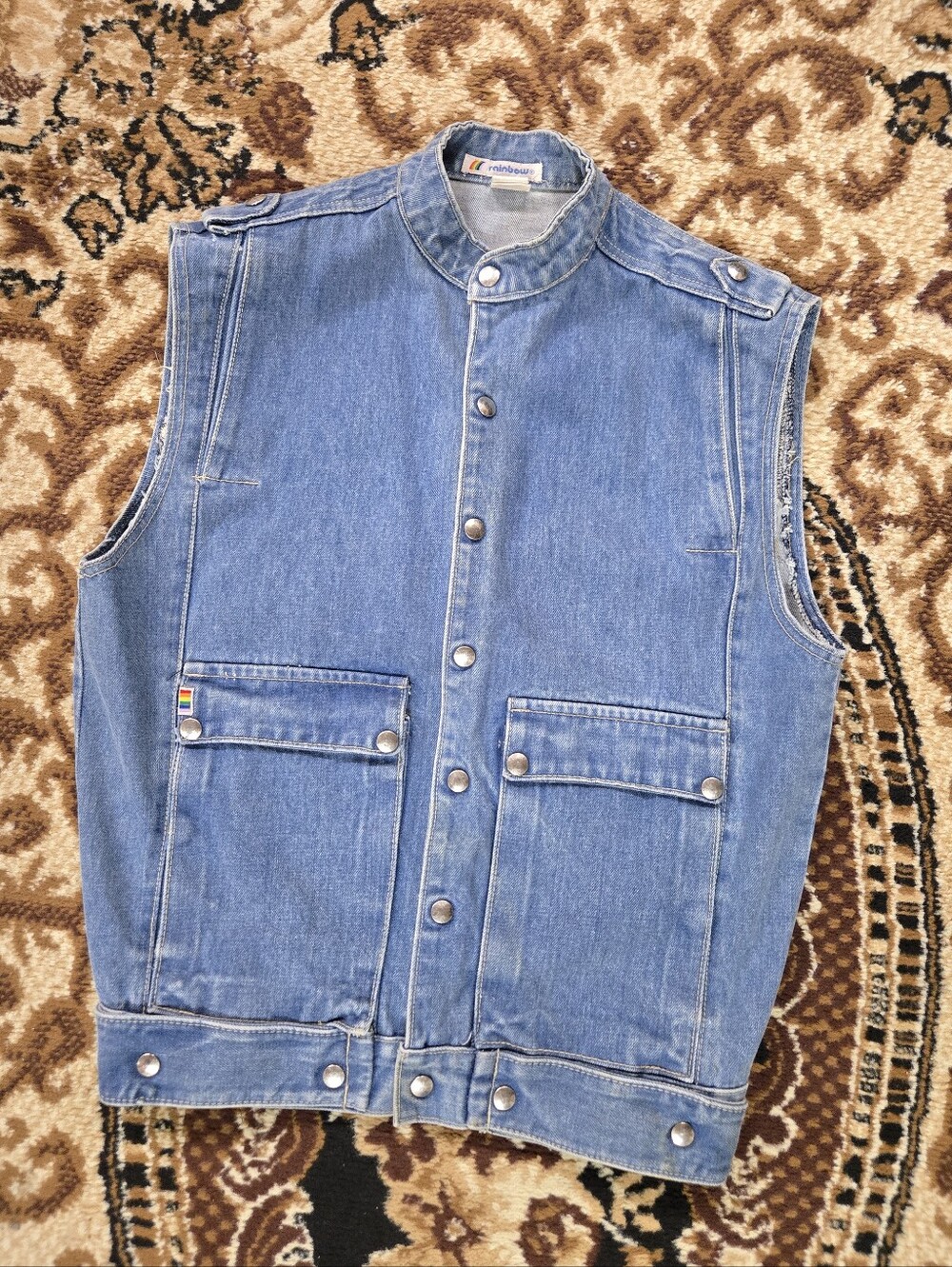 80s Retro Lightwash Denim Utility Jean Vest 1980 Rainbow Pockets Snaps 90s 1990s